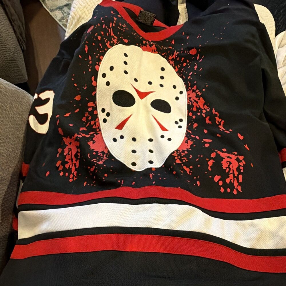 Friday the 13th Jason Voorhees Hockey Mask Jersey Shirt Black Red White M/M